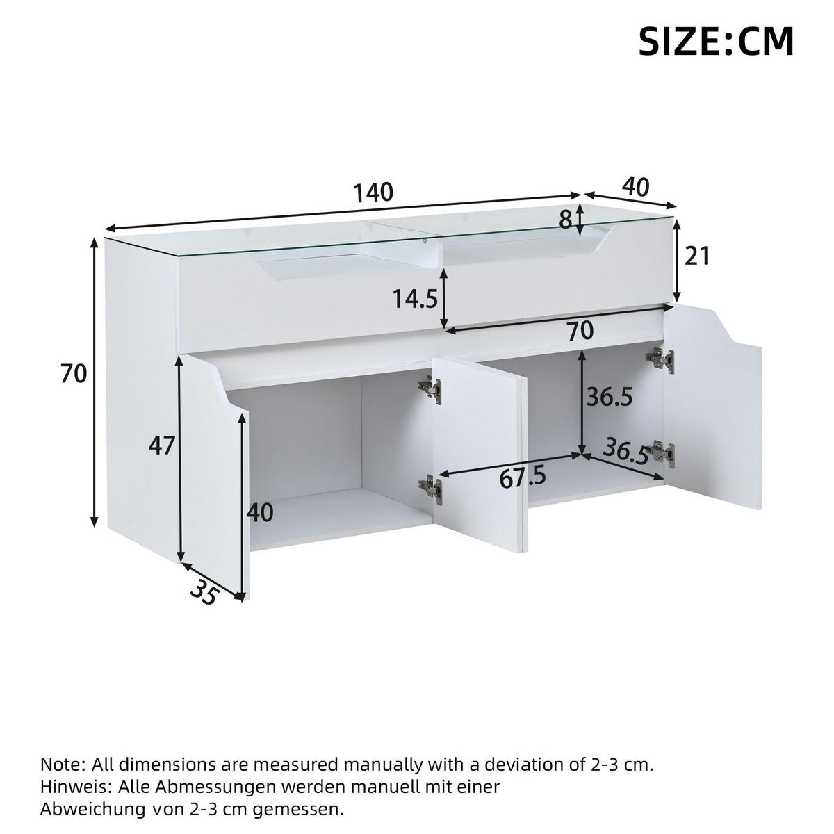 SIDEBOARD 140/40/70 cm weiß aus MDF mit Glasplatte und LED - Weiß, Holzwerkstoff (140/70/40cm) - OKWISH