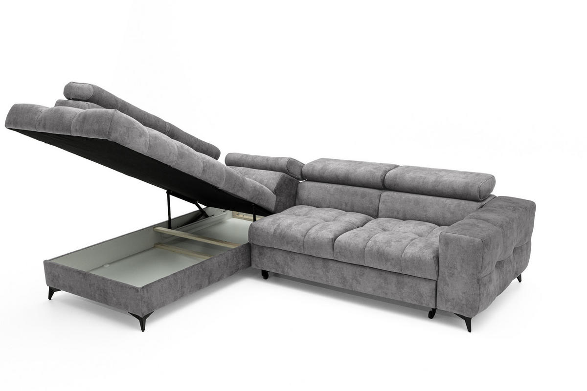 ECKSOFA PUDDING L Links mit Schlaffunktion 128x197 Velours Grau - Schwarz/Grau, Holz/Textil (270/204cm) - Muffo