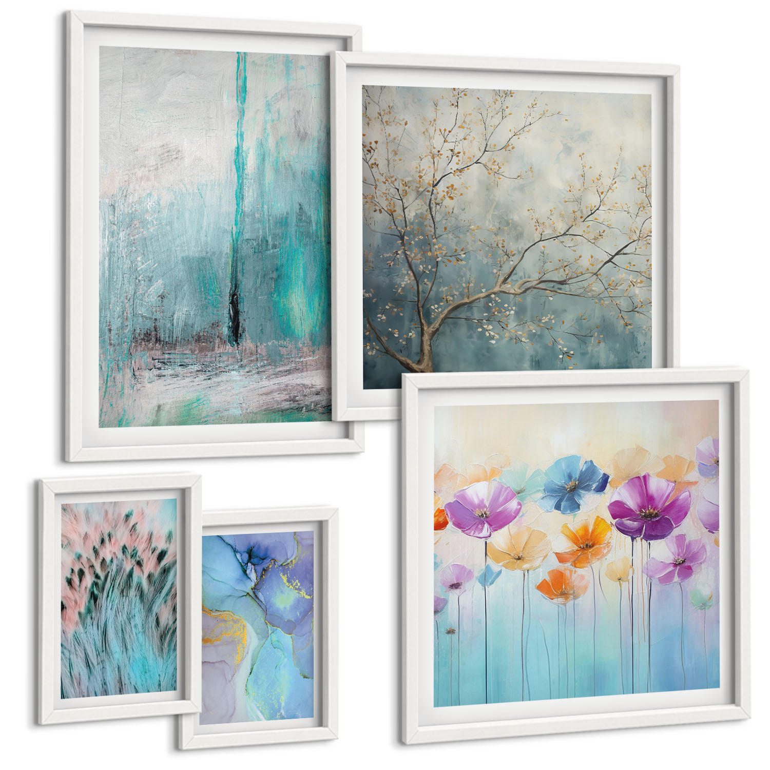 BILDER SET 5er Set - 50x50 cm & 20x30 cm & 40x60 cm Weißer Rahmen - Leuchtturm, Landschaft, Mädchen, Pferd - Weiß, Kunststoff (40/60cm) - TULUP