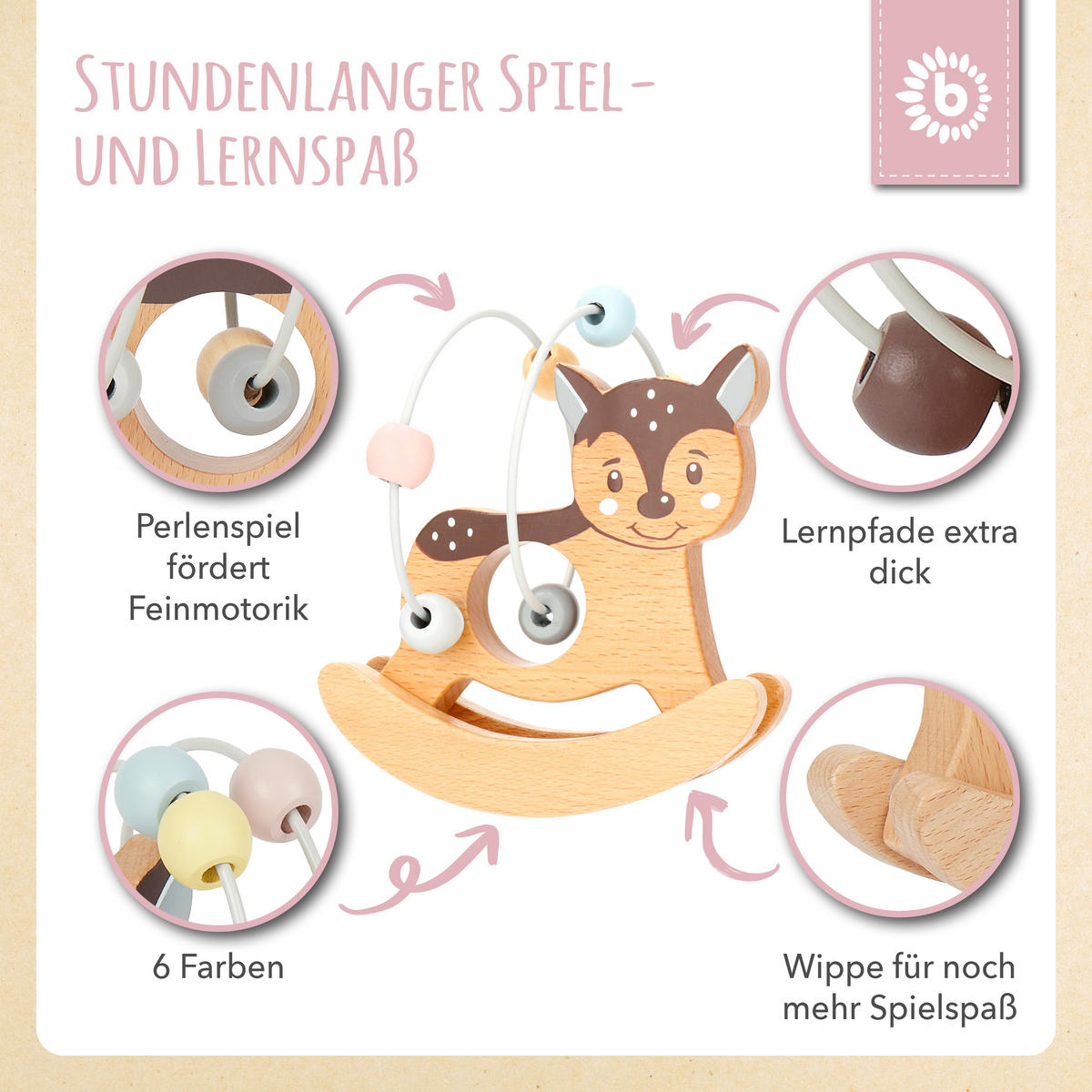 MOTORIKSCHLEIFE Reh mit Wippe - ab 12 Mo - Multicolor, Holz (12/14.6cm) - Bieco Spielwaren