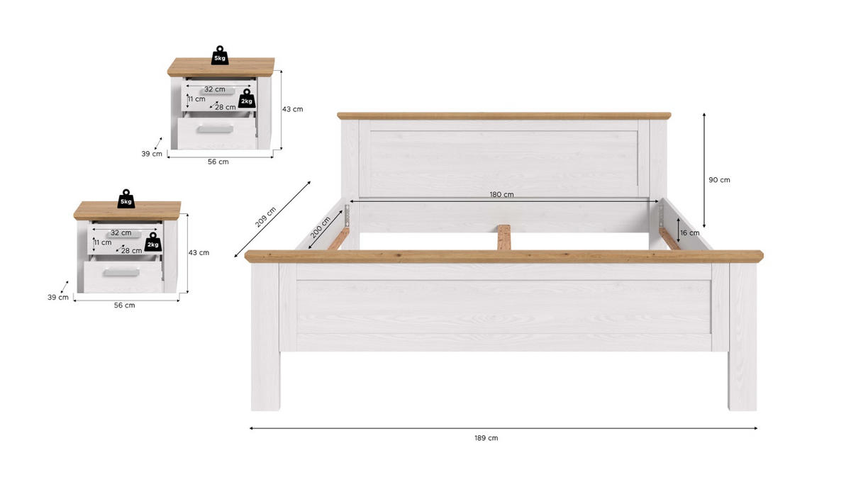 SCHLAFZIMMER weiß Lärche, Eiche Artisan Landhaus Set mit Bett 180 x 200 cm, 2x Nachttisch - Eichefarben/Silberfarben, Holzwerkstoff/Kunststoff (180/200cm) - Inn.Furn