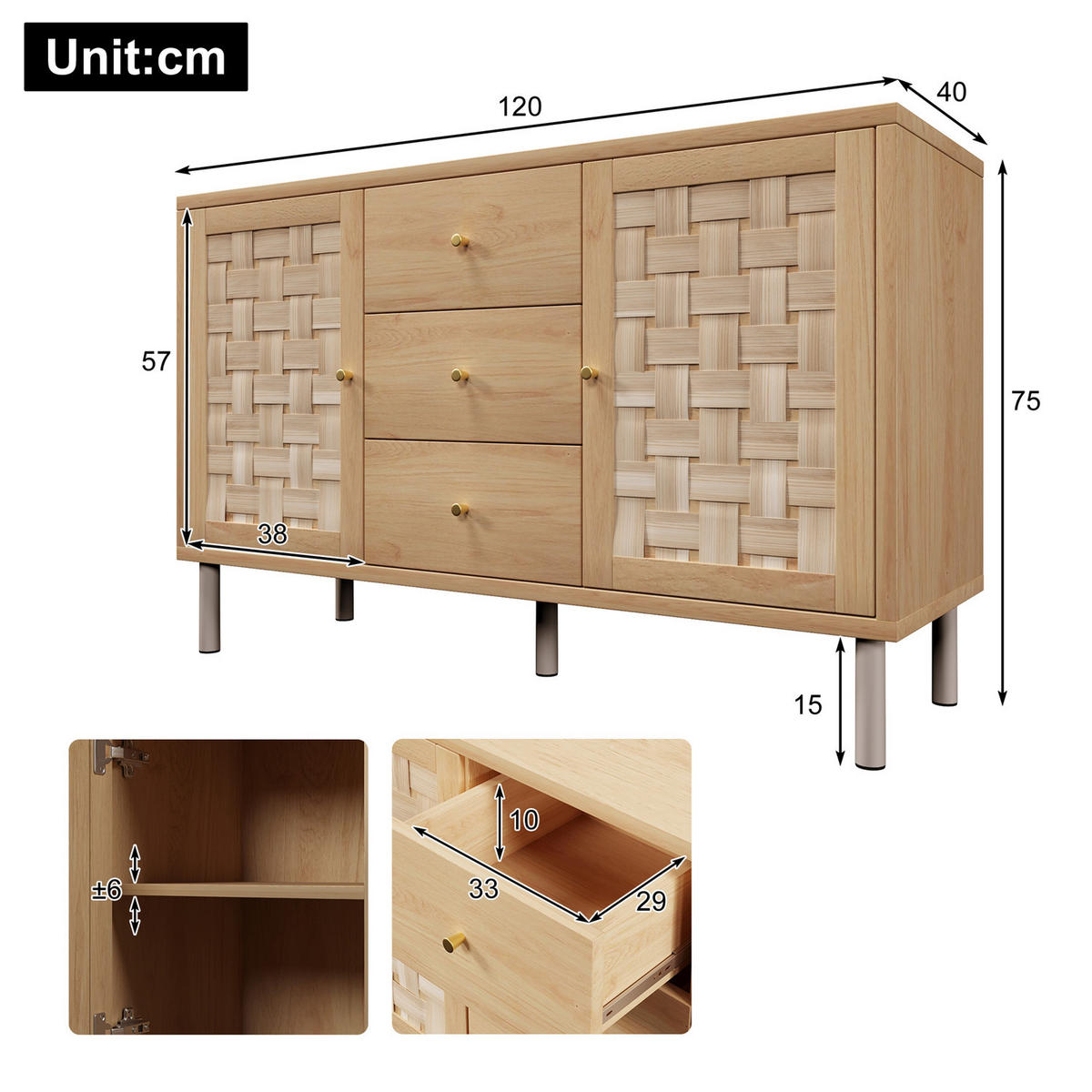 SIDEBOARD Eiche 120x75x40 cm Landhausstil - Naturfarben, Holz (120/75/40cm) - Kaket