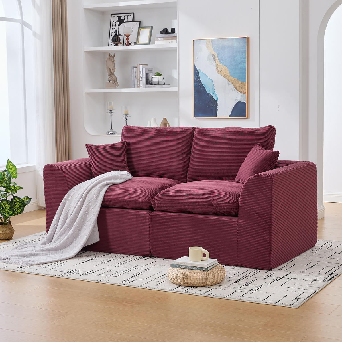 2-SITZER SOFA Cord Weinrot mit Kissen - Weinrot, Textil (204/84/102.5cm) - WISHDOR