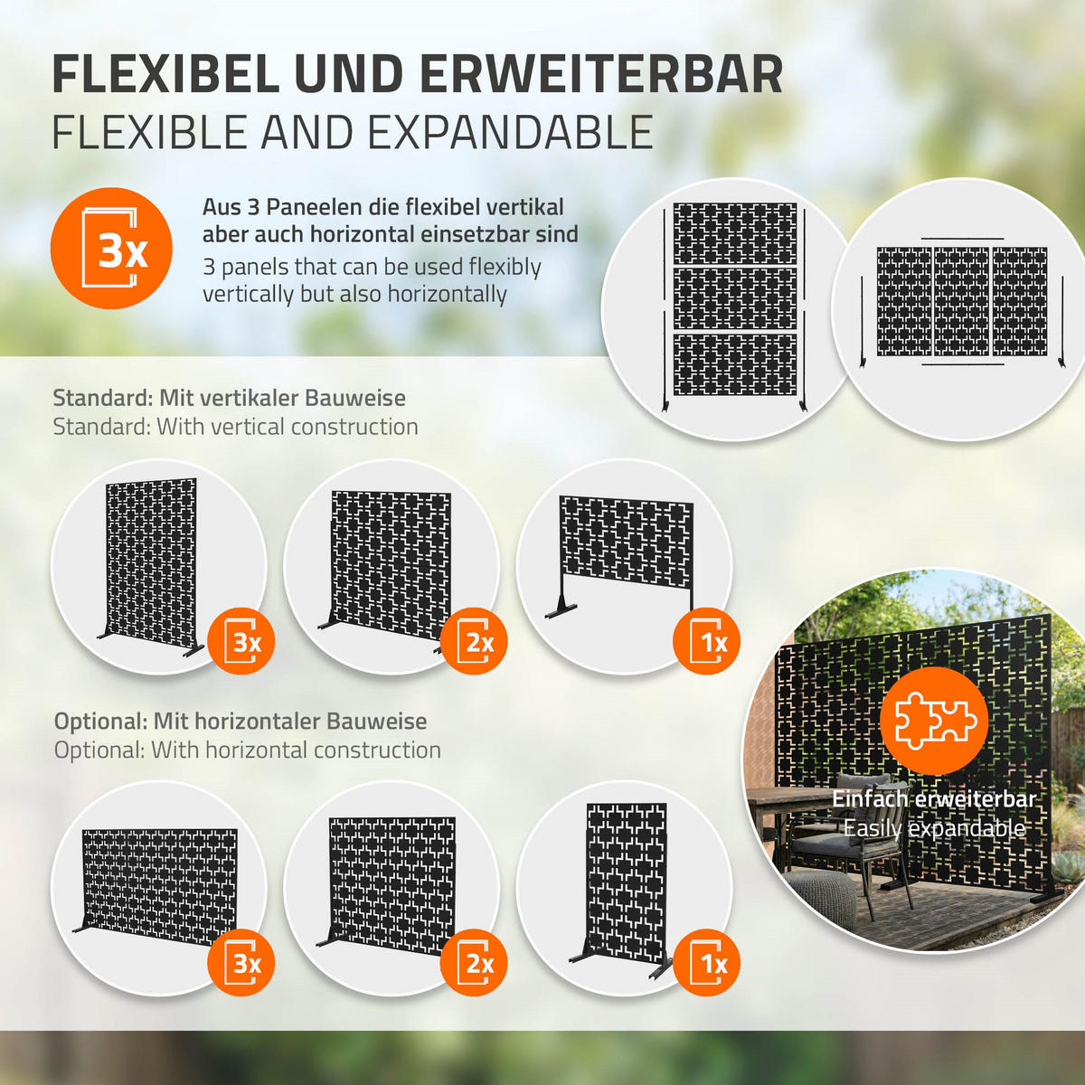 METALL-SICHTSCHUTZ Milano 120x180 cm Schwarz aus Stahl - Schwarz, Metall (120/183cm) - ML-DESIGN