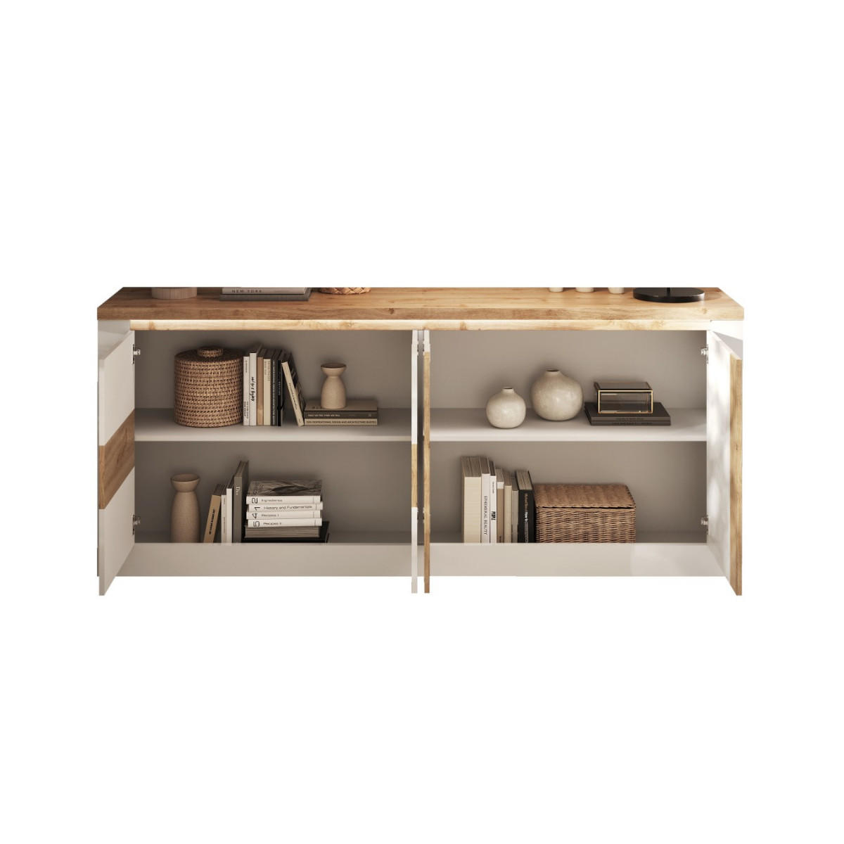SIDEBOARD 4?türig mit LED?Beleuchtung Eichendekor und Weiß 207/43/88 cm - Weiß, Holzwerkstoff (43/88/207cm) - Calicosy