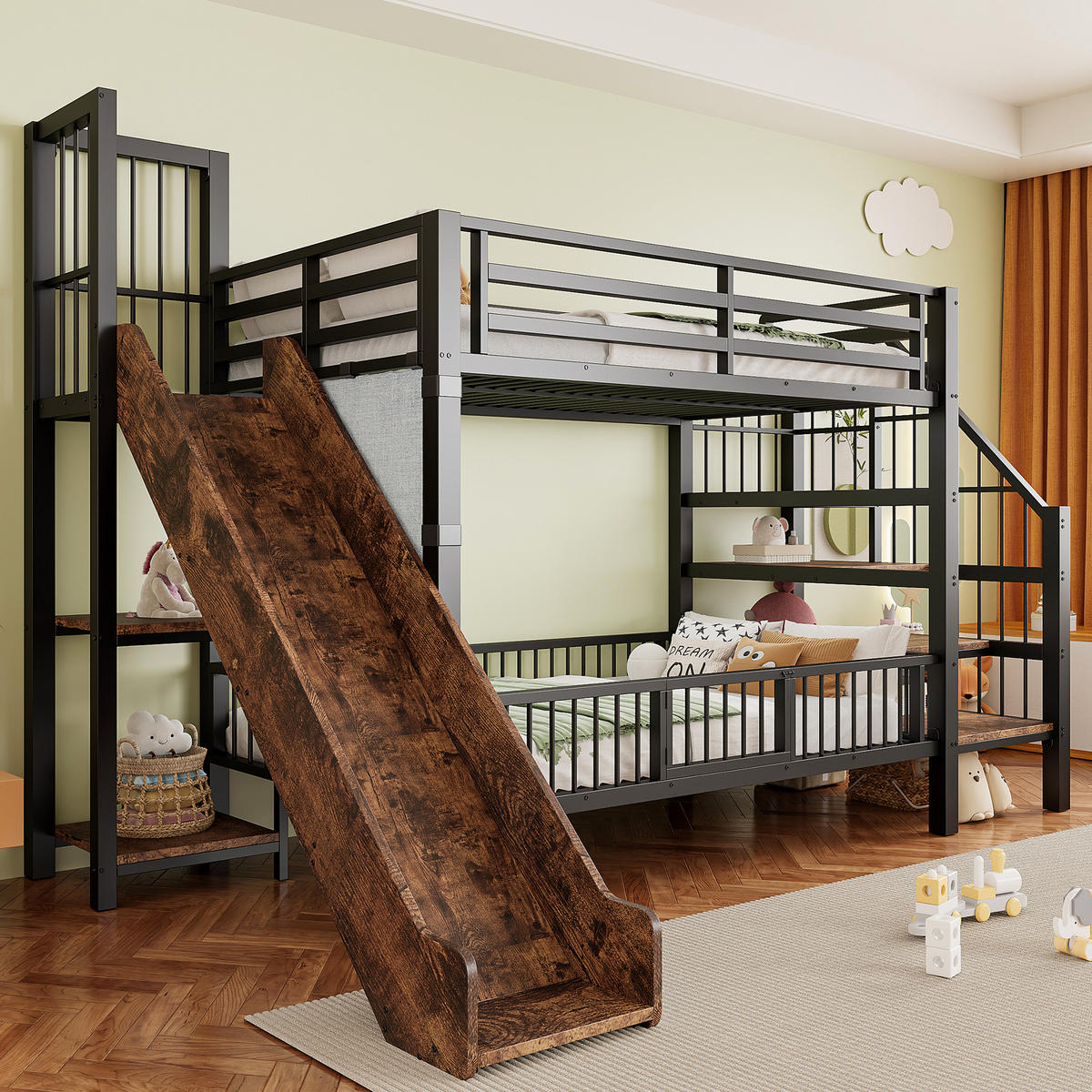 METALL- ETAGENBETT Kinder Schwarz 90/200 cm mit Rutsche und Stauraumtreppe - Schwarz, Metall (90/200cm) - ComfortXL