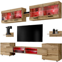 WOHNZIMMERSET Foggia, 6er-Set, Eiche Wotan, Front Eiche Wotan, LED Mehrfarbige - Eiche Wotan/Schwarz, Glas/Holzwerkstoff (230/190/45cm) - Komodee