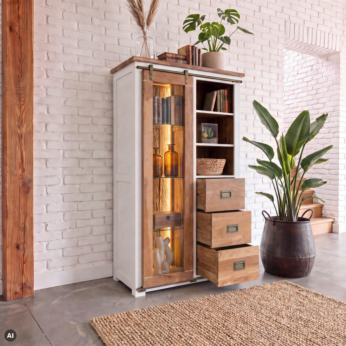 VITRINE Mango / Altholz 100x45x175 weiß lackiert RAILWAY LUX #525 - Weiß, Holz (100/175/45cm) - Massivmoebel24
