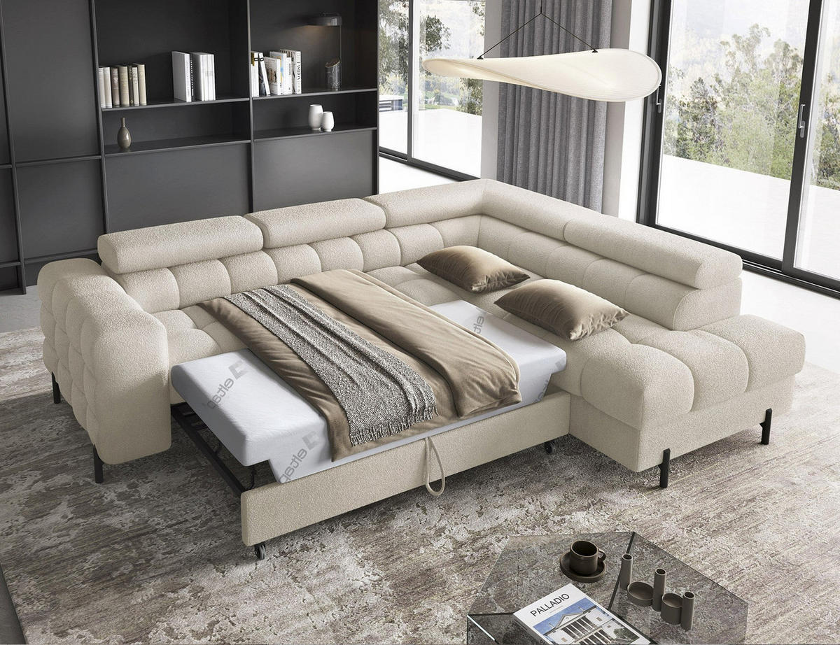 WOHNLANDSCHAFT FERUCCE Ecksofa L-Form – Polsterecke mit Schlaffunktion, Bettkasten & verstellbaren Kopfstützen 276 cm - Hellgrau, Kunststoff (276/200cm) - Wohnideebilder