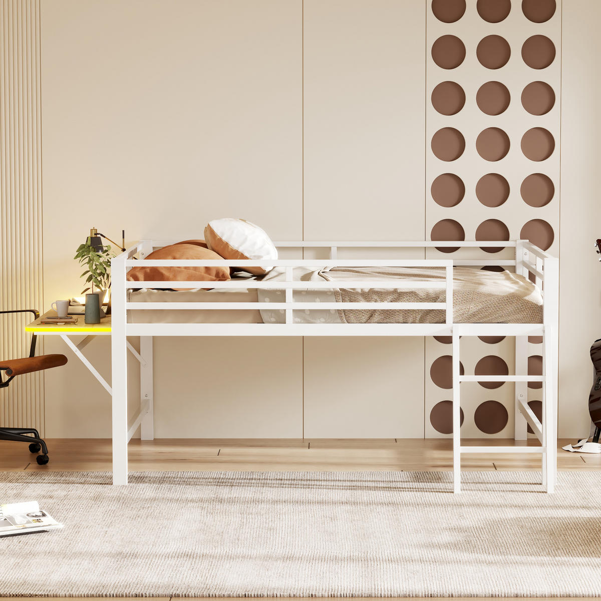 HOCHBETT 140/200 cm Metallbett mit Schreibtisch und LED-Beleuchtung weiß - Weiß, Metall (140/200cm) - OKWISH