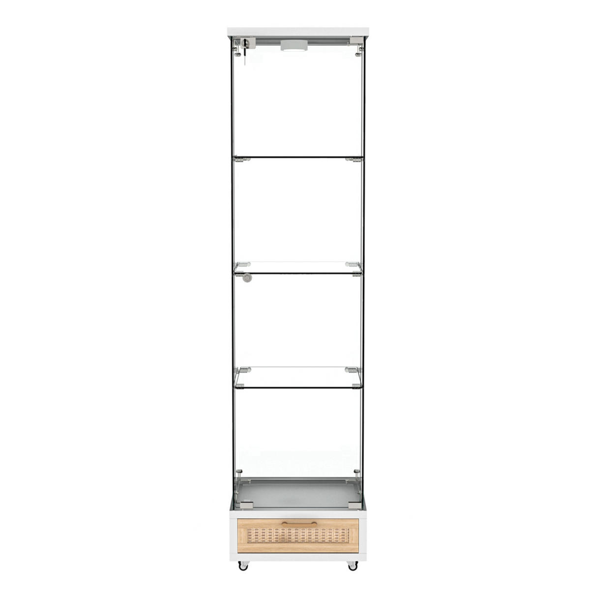 VITRINE 36,5/42,5/167 cm mit LED-Beleuchtung, 4 Ebenen und Rollen, Weiß - Weiß, Holzwerkstoff (42.5/167/36.5cm) - Redom