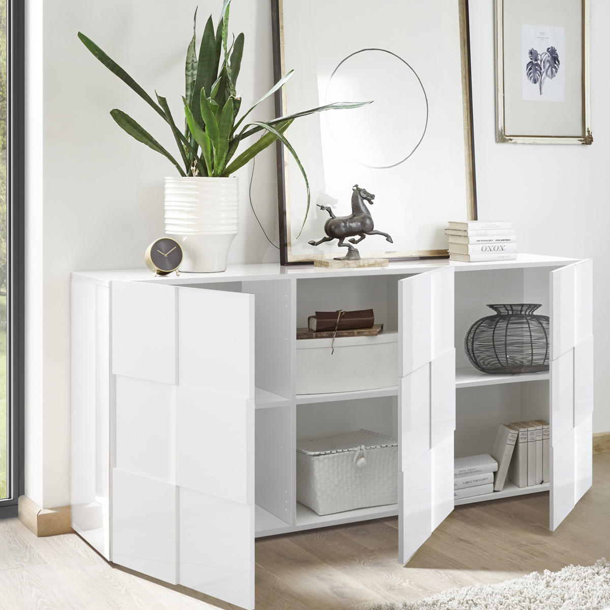 SIDEBOARD Dama 3 Türen im Schachbrettmuster-Stil - L181 cm - Weiß, Holzwerkstoff (42/84/181cm) - Calicosy