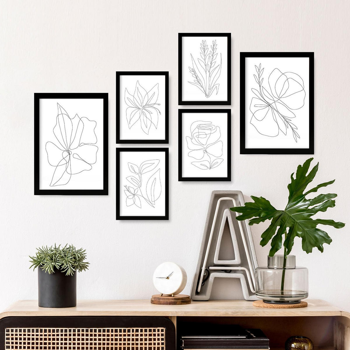 POSTER Set Mit 6 Blumenrahmen 1 Abstrakt Größe A3 & A4 Schwarzer Rahmen - Schwarz, Papier (29.7/1cm) - Nacnic
