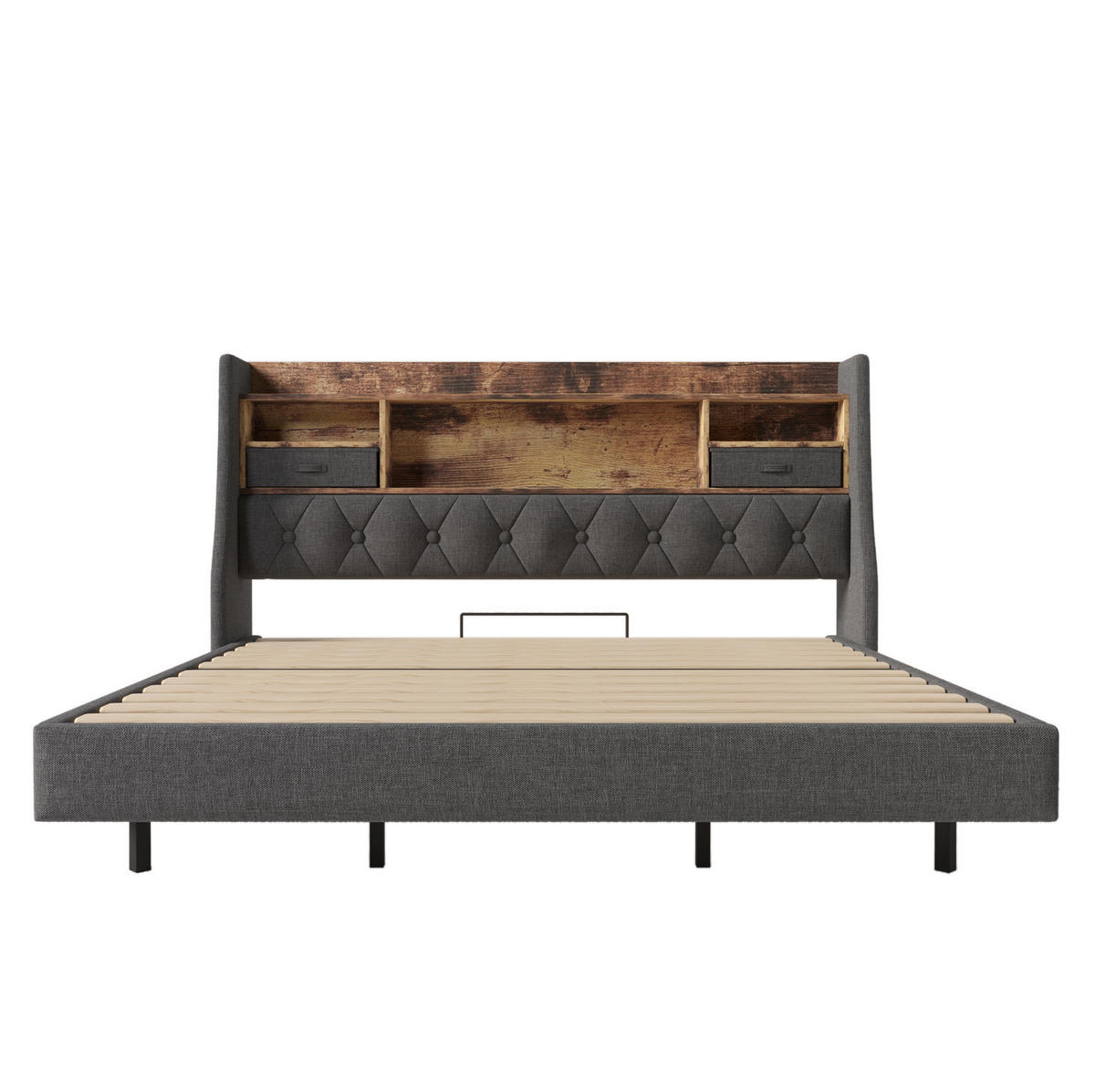 POLSTERBETT aus Leinen 180x200 cm Grau mit LED-Beleuchtung, USB- und Type-C-Anschlüssen - Grau, Textil (180/200cm) - IVMEU
