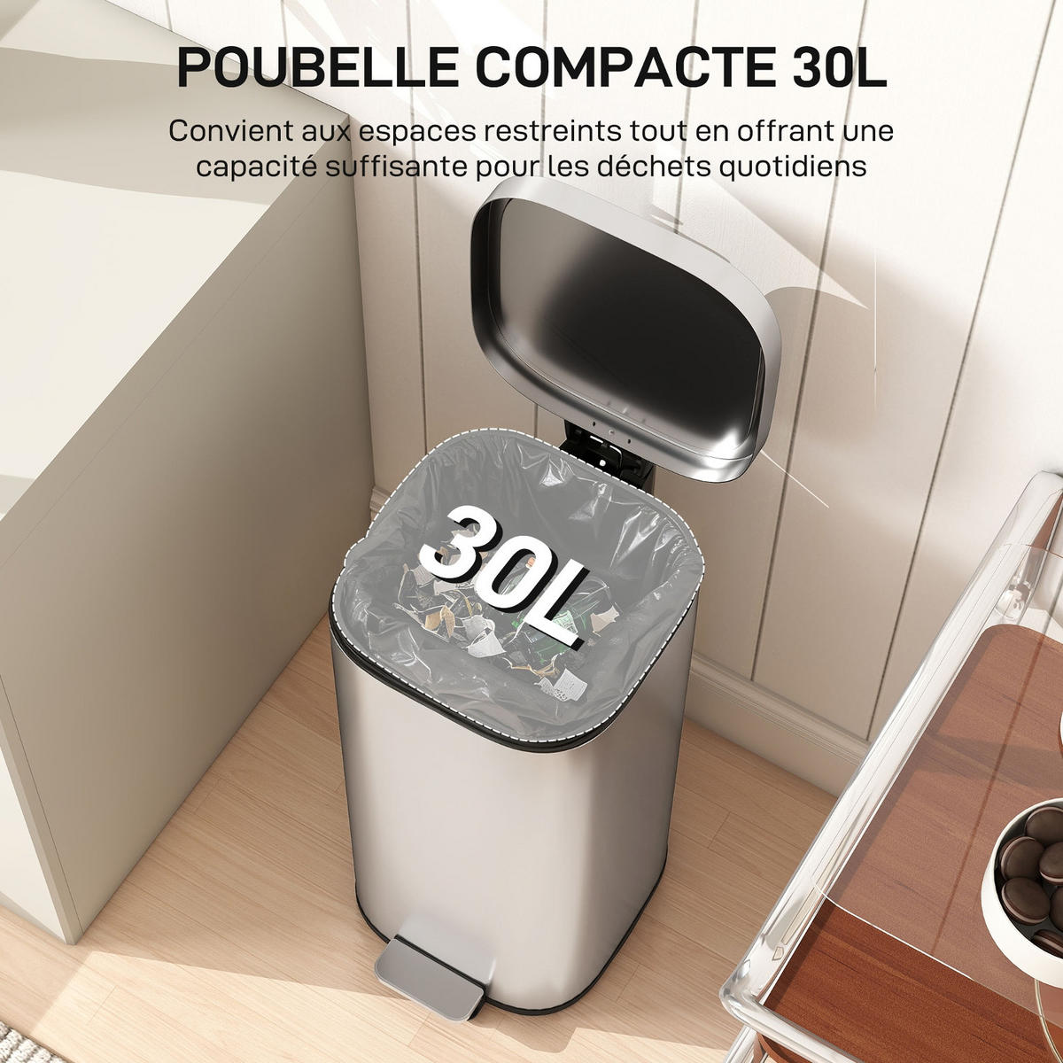 MÜLLEIMER Küche 30L 29/36/59,5 cm Metall Silber MIT SOFT-CLOSE-DECKEL Treteimer für Haushalt - Silberfarben, Metall (36/59.5/29cm) - Rolipo