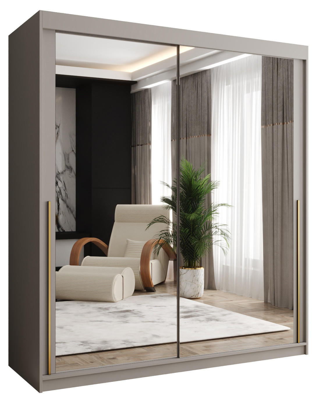 SCHIEBETÜRENSCHRANK mit Spiegel 180 cm Breite Kaschmir mit goldenem Griff - Kaschmir/Goldfarben, Holzwerkstoff (180/200/62cm) - Home Collective