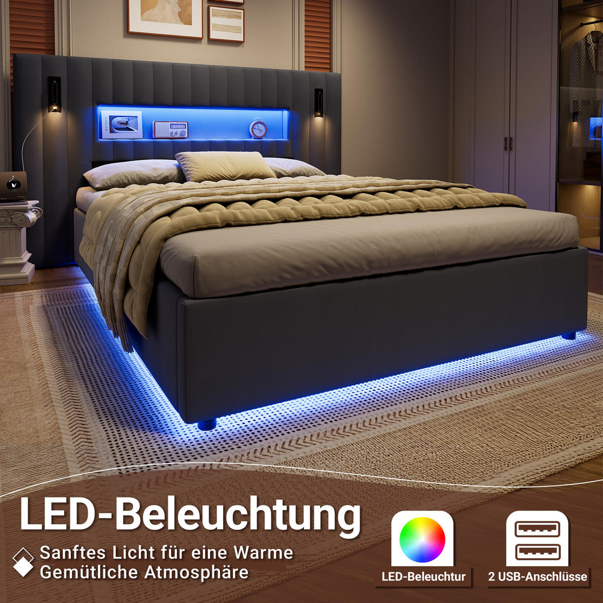 POLSTERBETT 200/193/110 cm aus Samt mit hydraulischem Stauraum, LED & USB‑Anschlüssen, Dunkelgrau - Dunkelgrau, Textil (140/200cm) - OKMYHOME