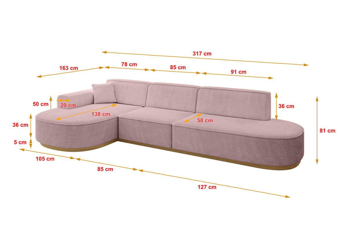 ECKSOFA Ottomane Links MARI-L2-v2 - 328x171x83 cm Rosa Cord - Rosa, Holzwerkstoff/Textil (328/171cm) - ALTDECOR