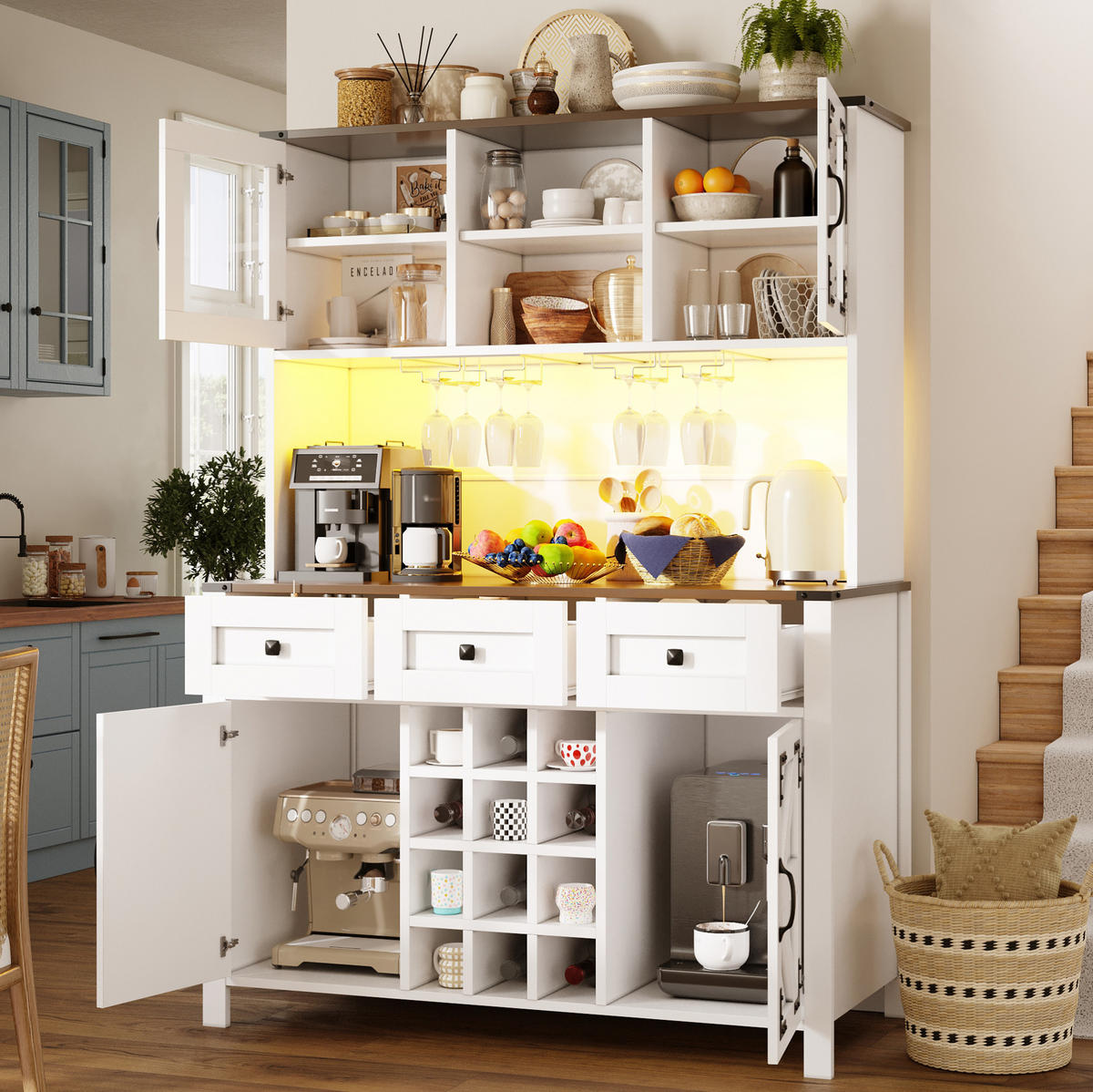 ANRICHTE Küchenschrank 120/40/170 cm aus MDF mit Glas und LED-Beleuchtung Weiß - Weiß, Holzwerkstoff (120/170/40cm) - Modenvie