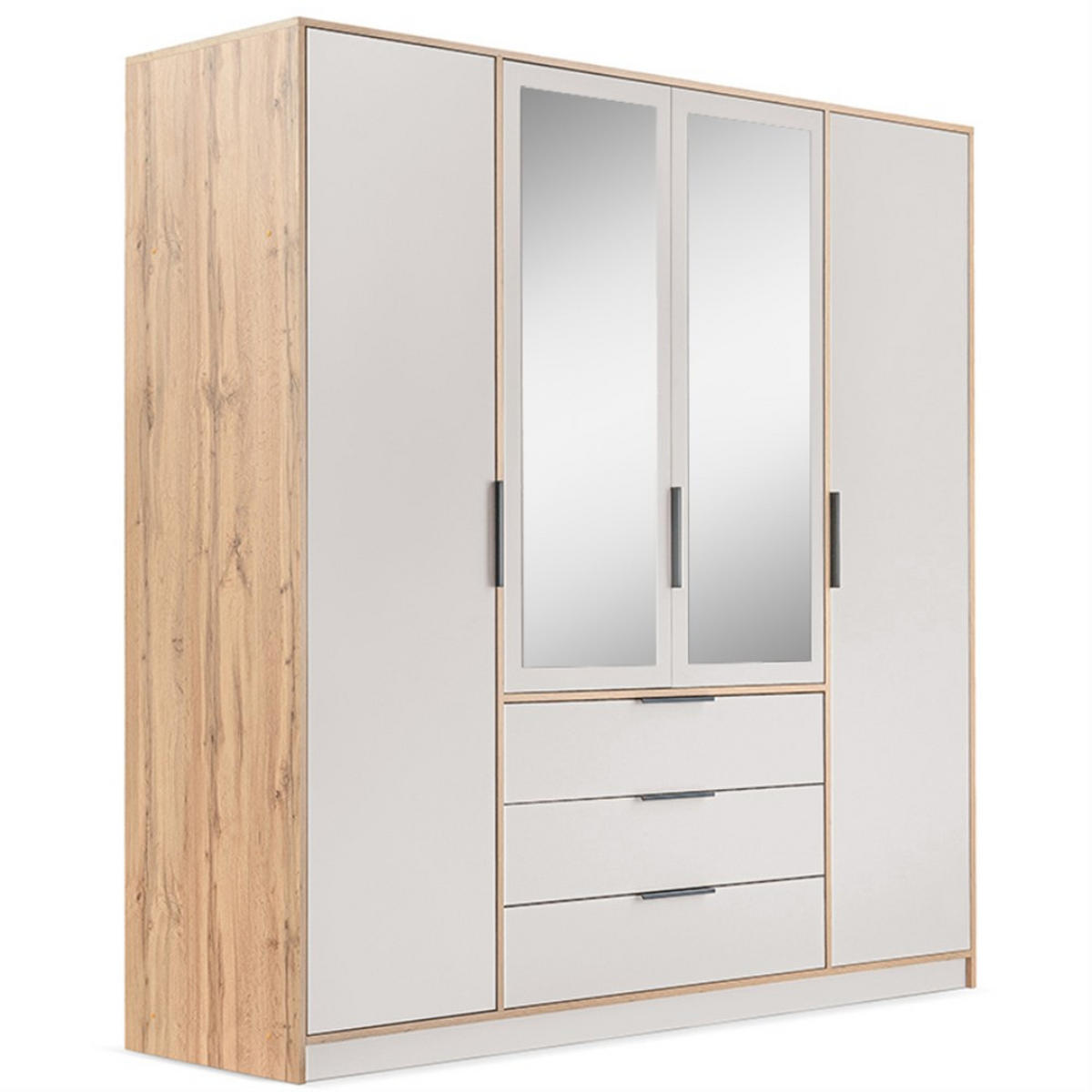 DREHTÜRENSCHRANK Livo mit 4 Türen und 3 Schubladen, mit Schrankaufsatz, kaschmir+eiche Wotan, 200 cm - Kaschmir/Eiche Wotan, Holzwerkstoff (200/245/57cm) - Beautysofa