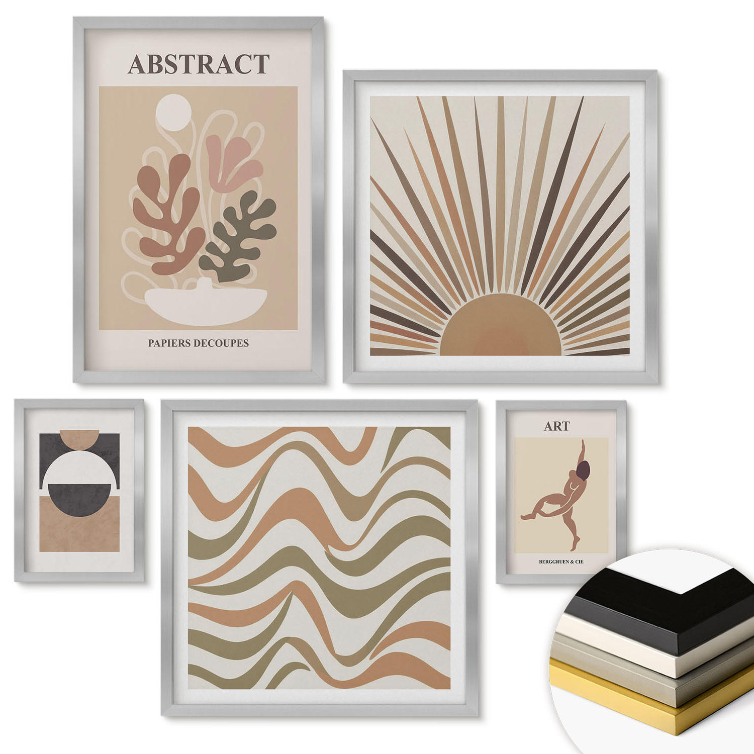 WANDBILDER 5er Set - 50x50 cm & 20x30 cm & 40x60 cm Silberner Rahmen - Matisse Boho abstrakte Muster - Silberfarben, Kunststoff (40/60cm) - ArtPrintCave