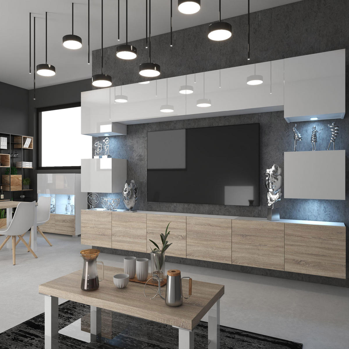 WOHNWAND Milano 3, Weiß/Sonoma Eiche, 300 cm, Grifflos - Weiß, Holz (300/60/36cm) - B BELINI GROUP