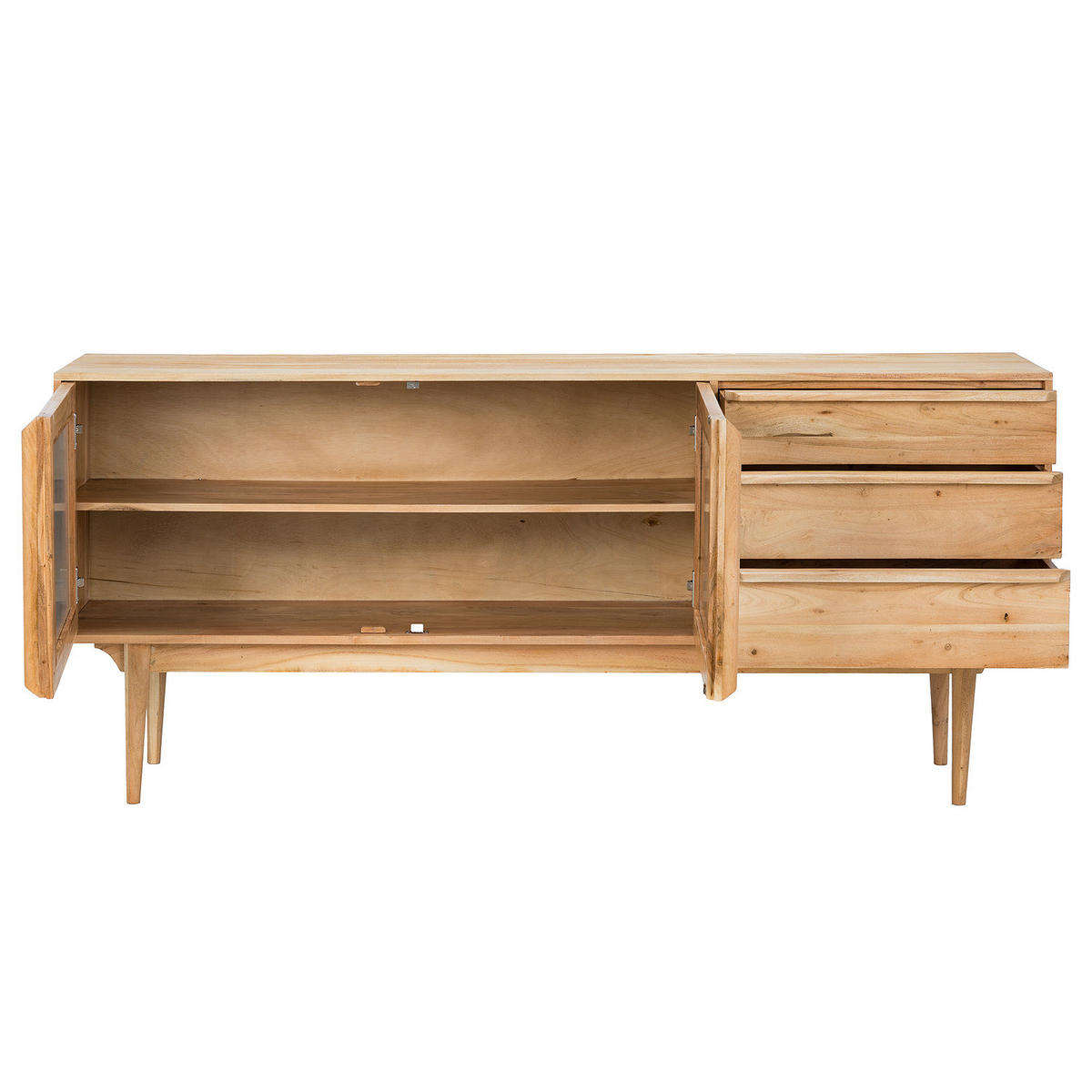 MASSIVES SIDEBOARD mit 3 Schubladen - Akazie massiv - Akaziefarben, Glas/Holz (180/80/40cm) - home24