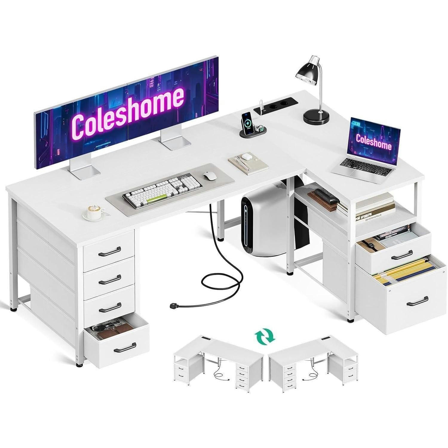 ECKSCHREIBTISCH L-Form Weiß 140x70cm mit USB-Anschluss und Stoffschubladen - Weiß, Holzwerkstoff (140/70/75.2cm)