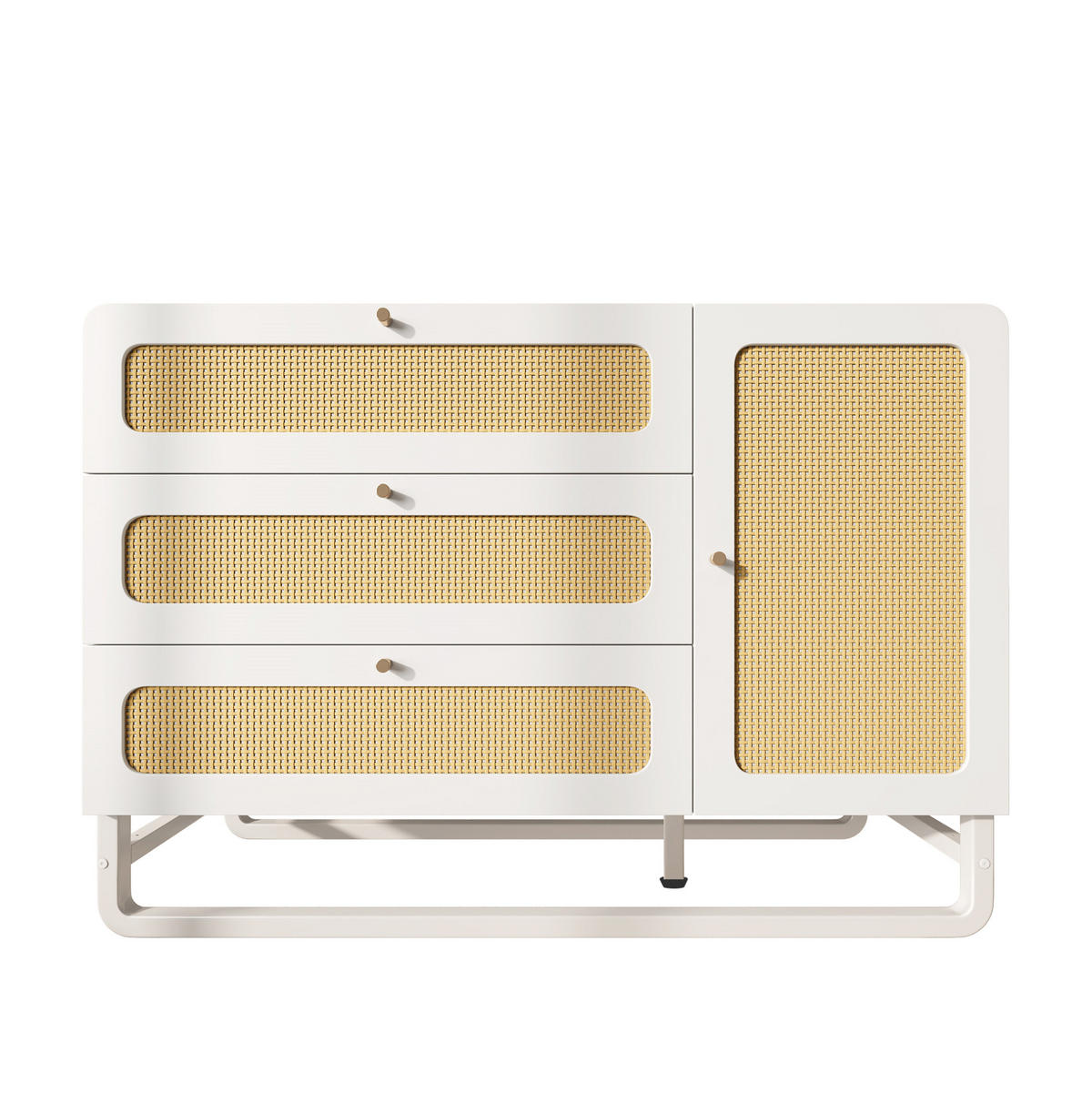 SIDEBOARD aus Holz und Metall 120x40x85 cm Weiß mit Rattanfronten, 3 Schubladen, Türschrank und verstellbaren Einlegeböden - Weiß, Metall (120/85/40cm) - Modfu