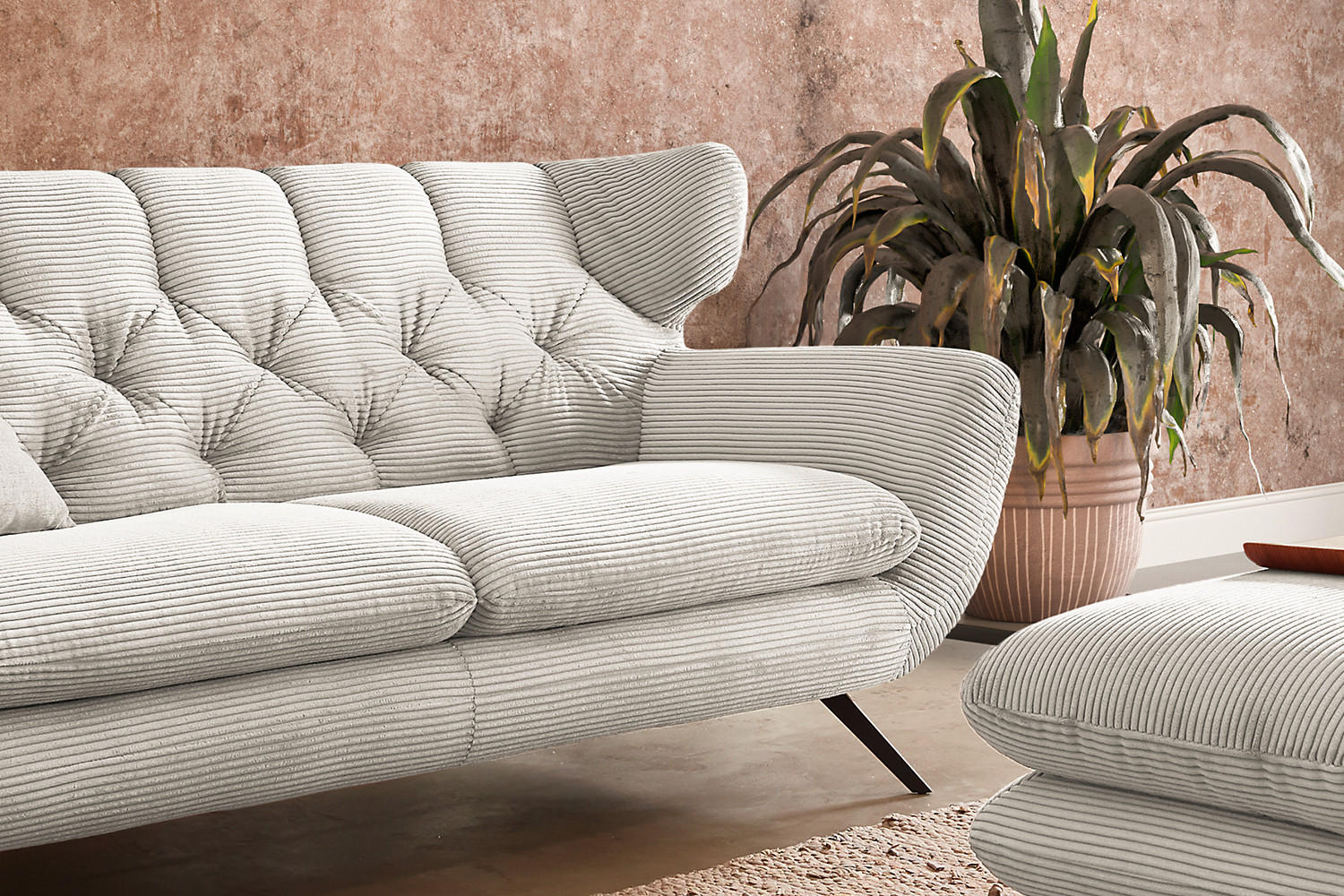 SOFA CHARME Cremeweiß Cord - Creme/Schwarz, Textil/Metall (225/94/95cm) - KAWOLA