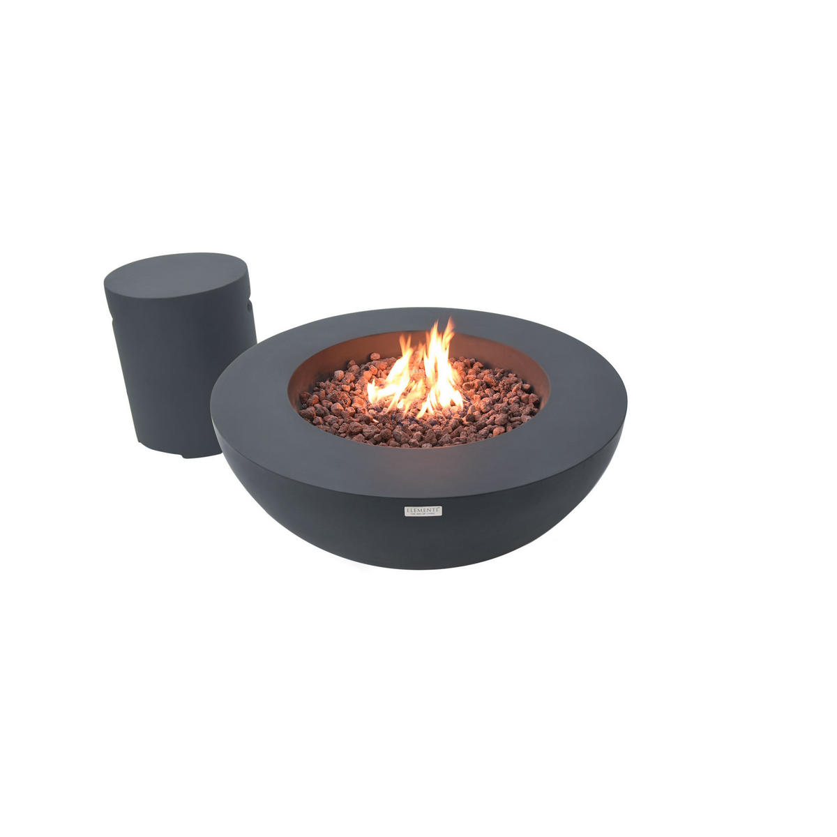 FEUERTISCH LUNAR BOWL Gasfeuerstelle aus GF-Beton - 4-tlg. Set inkl. Glasumrandung, Brennerabdeckung und Gasflaschen-Abdeckung - Dunkelgrau, Naturmaterialien (107/40/107cm) - Elementi