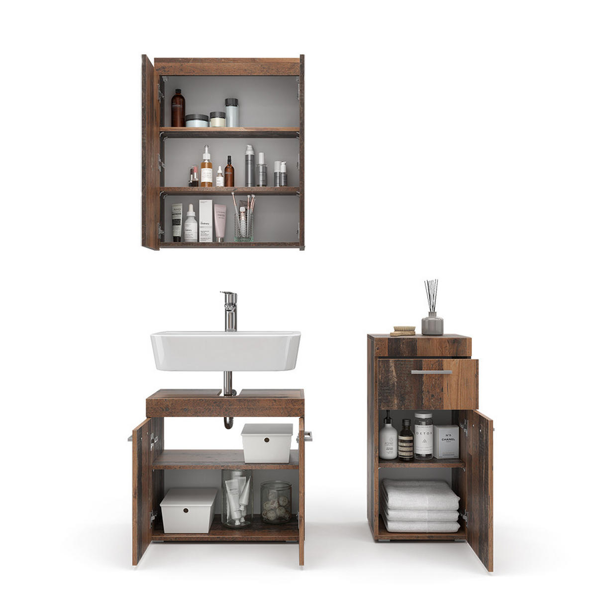 BADMÖBEL-SET Luna Oldstyle 3 Teile - Braun, Holzwerkstoff (60/56/34cm) - Vicco