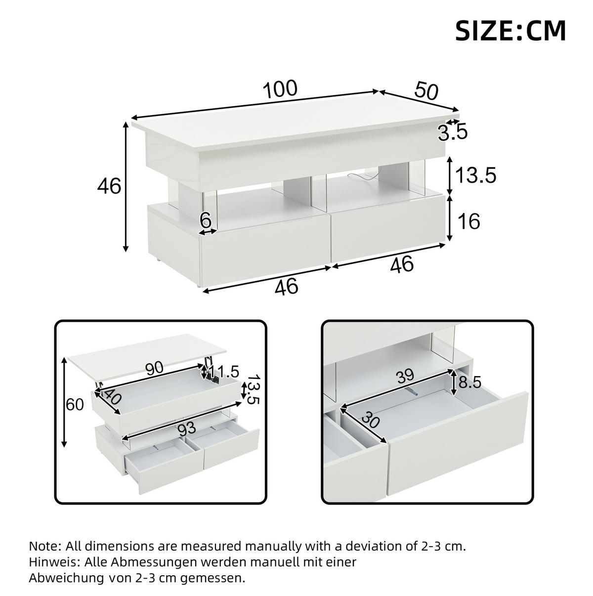 COUCHTISCH aus MDF und Acryl 100x50x46 cm Weiß mit hydraulischer Hubfunktion, 2 Schubladen, LED und verstecktem Stauraum - Weiß, Holzwerkstoff (120/50/46cm) - Modfu