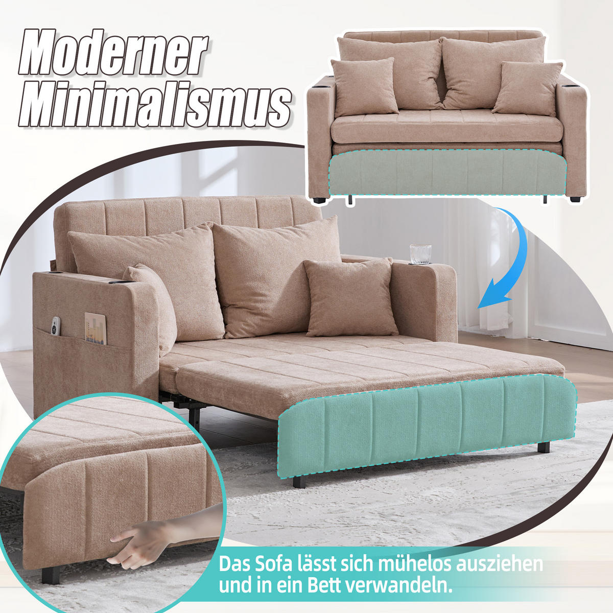 SCHLAFSOFA klappbar mit USB und Getränkehaltern, Khaki - Sandfarben, Textil (139/83/73cm)
