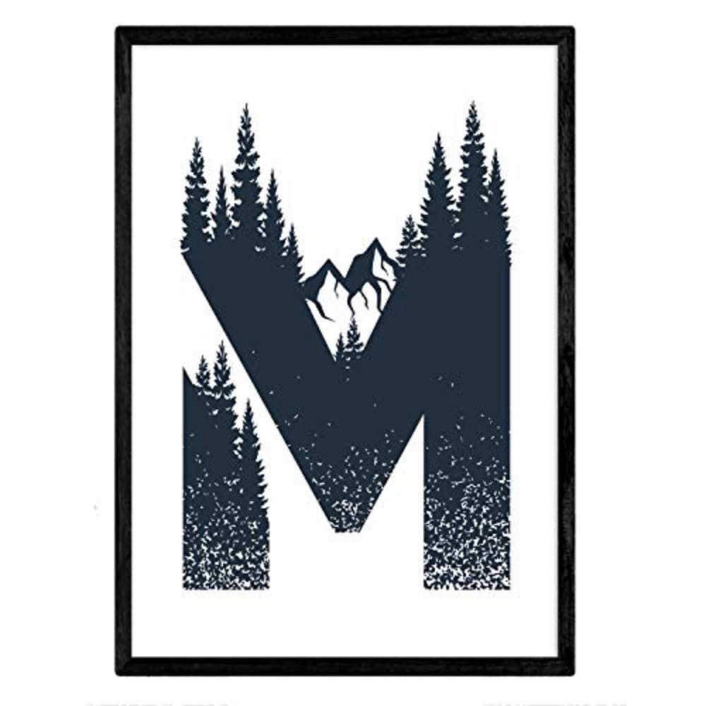 POSTER Buchstabe M Natur Berge A4 Schwarzer Rahmen - Schwarz, Papier (29.7/5/21cm) - Nacnic