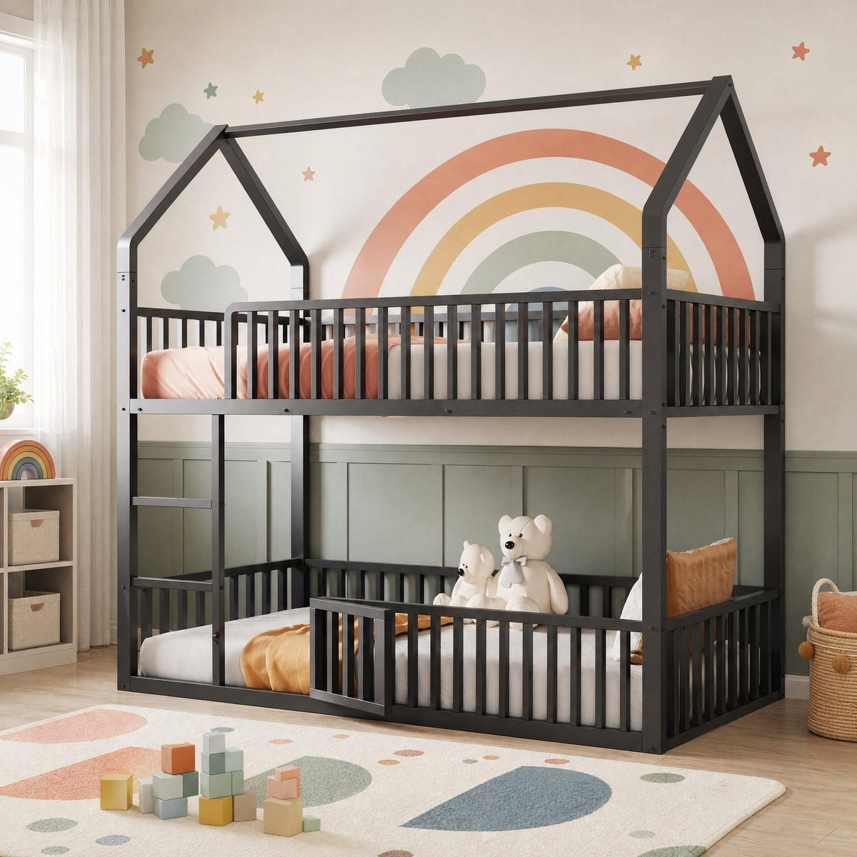 ETAGENBETT 90/200 mit Treppe, Hausform und Sicherheitsgeländern in Schwarz - Schwarz, Metall (90/200cm) - EVRYAE