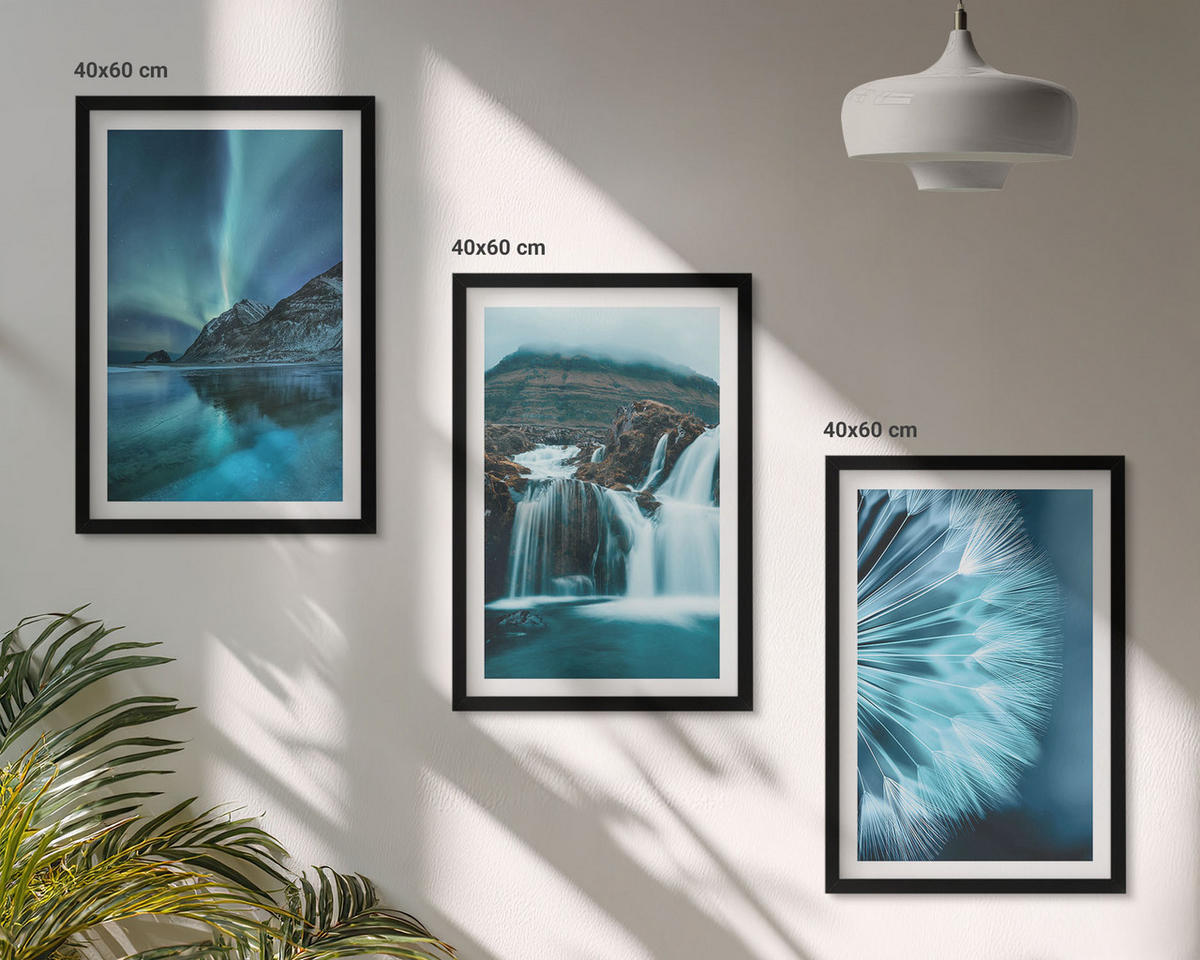 BILDER SET 3er Set - 40x60 cm Schwarzer Rahmen - Winterlandschaften mit Wasserfällen - Schwarz, Kunststoff (40/60cm) - TULUP