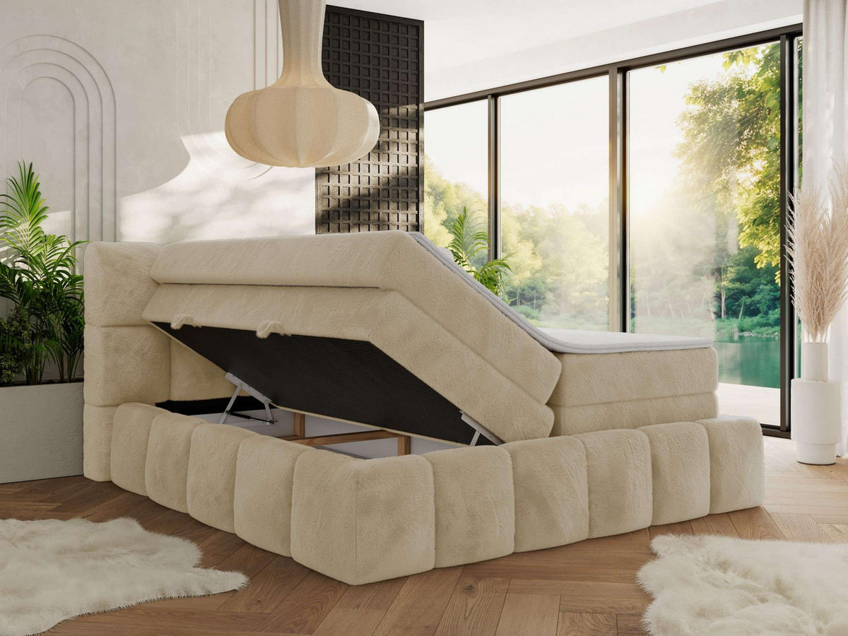 BOXSPRINGBETT NIRA KING 120/200 Creme Plüsch - H3 - Creme, Holz/Textil (120/200cm) - MKS