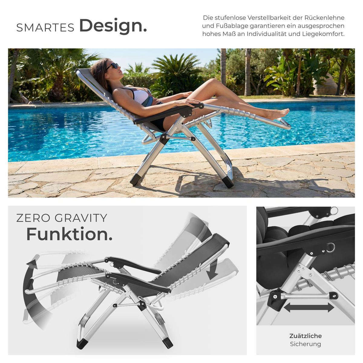 SONNENLIEGE 2er Set Cloud, 84 x 168 x 82,5 cm, mit Ablagetisch, schwarz - Schwarz, Kunststoff (84/103/113cm) - tectake