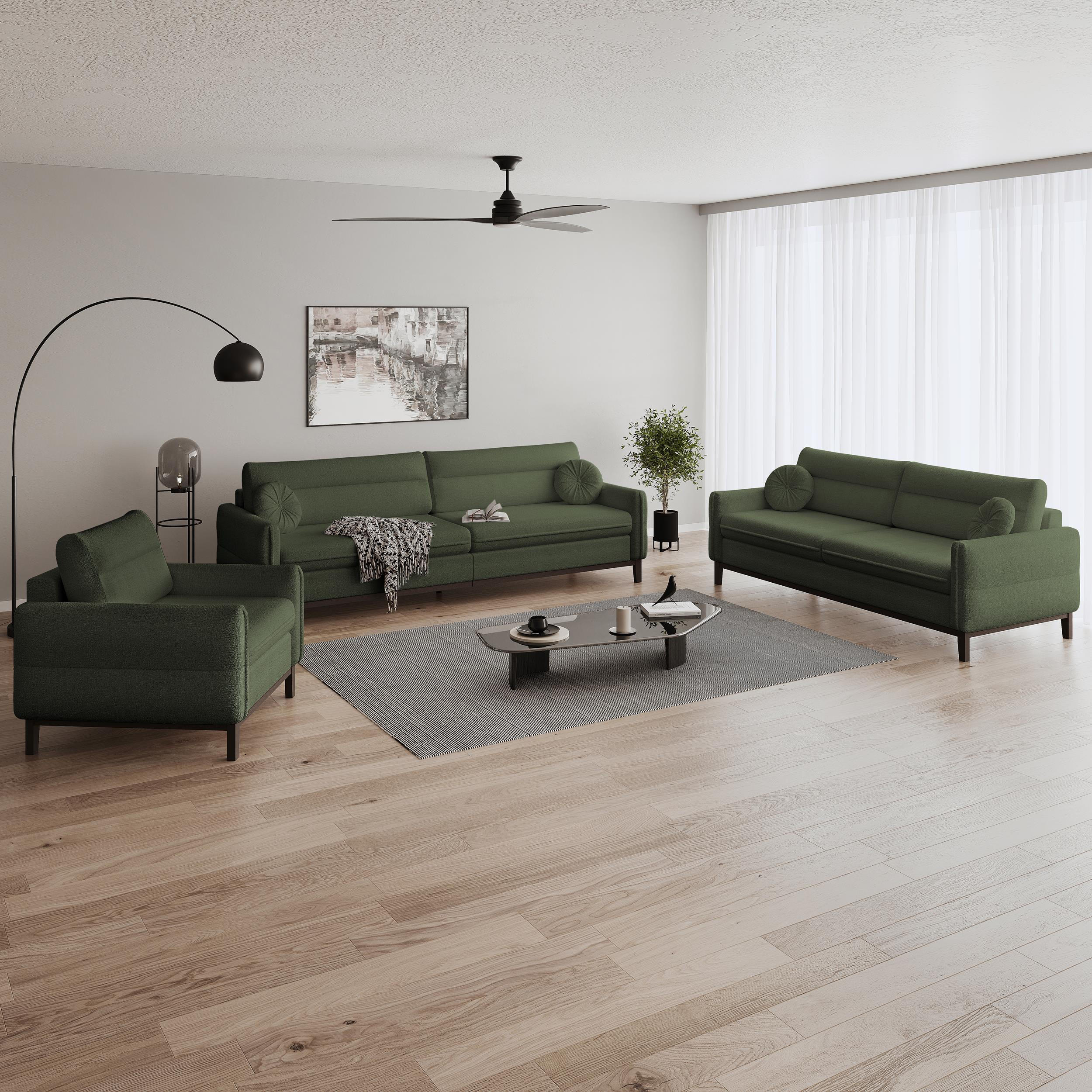 SITZGARNITUR Belweder, zwei Sofas+Sessel, Dunkelgrün, Bouclé - Wengefarben/Dunkelgrün, Holz/Textil (268/95/94cm) - Beautysofa