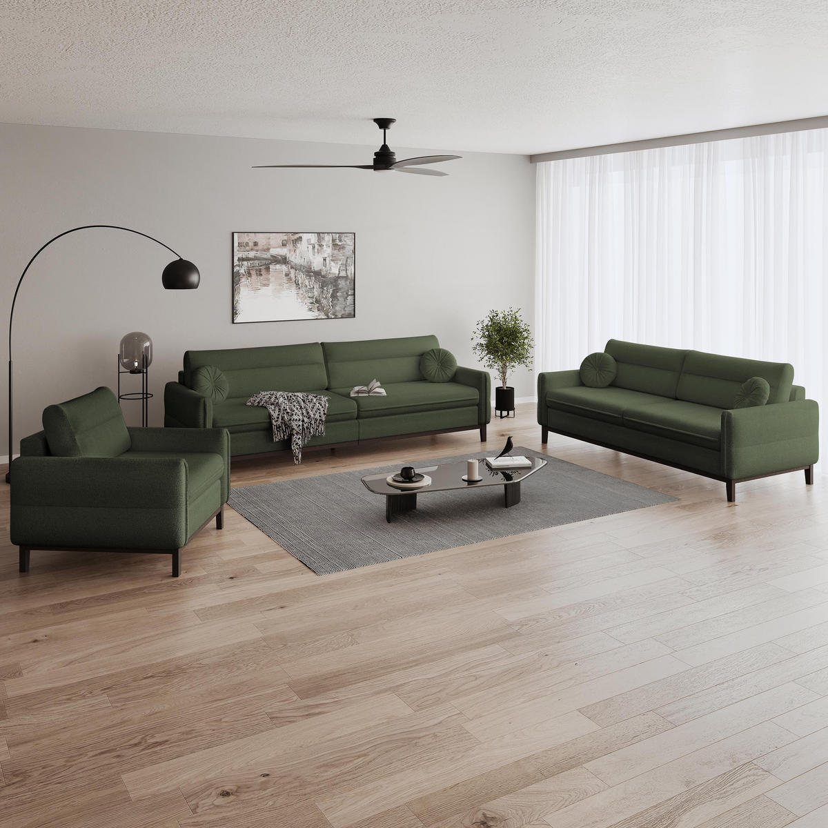 SITZGARNITUR Belweder, zwei Sofas+Sessel, Dunkelgrün, Bouclé - Wengefarben/Dunkelgrün, Holz/Textil (268/95/94cm) - Beautysofa
