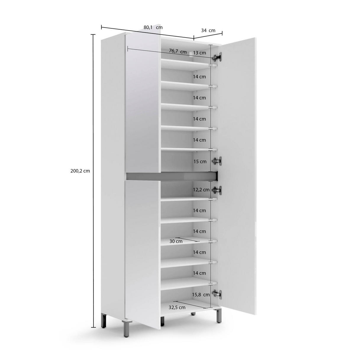 SCHUHSCHRANK Glänzendes Weiß, Anthrazit 34/81/200 cm - Weiß, Holzwerkstoff (81/200/34cm) - DMORA