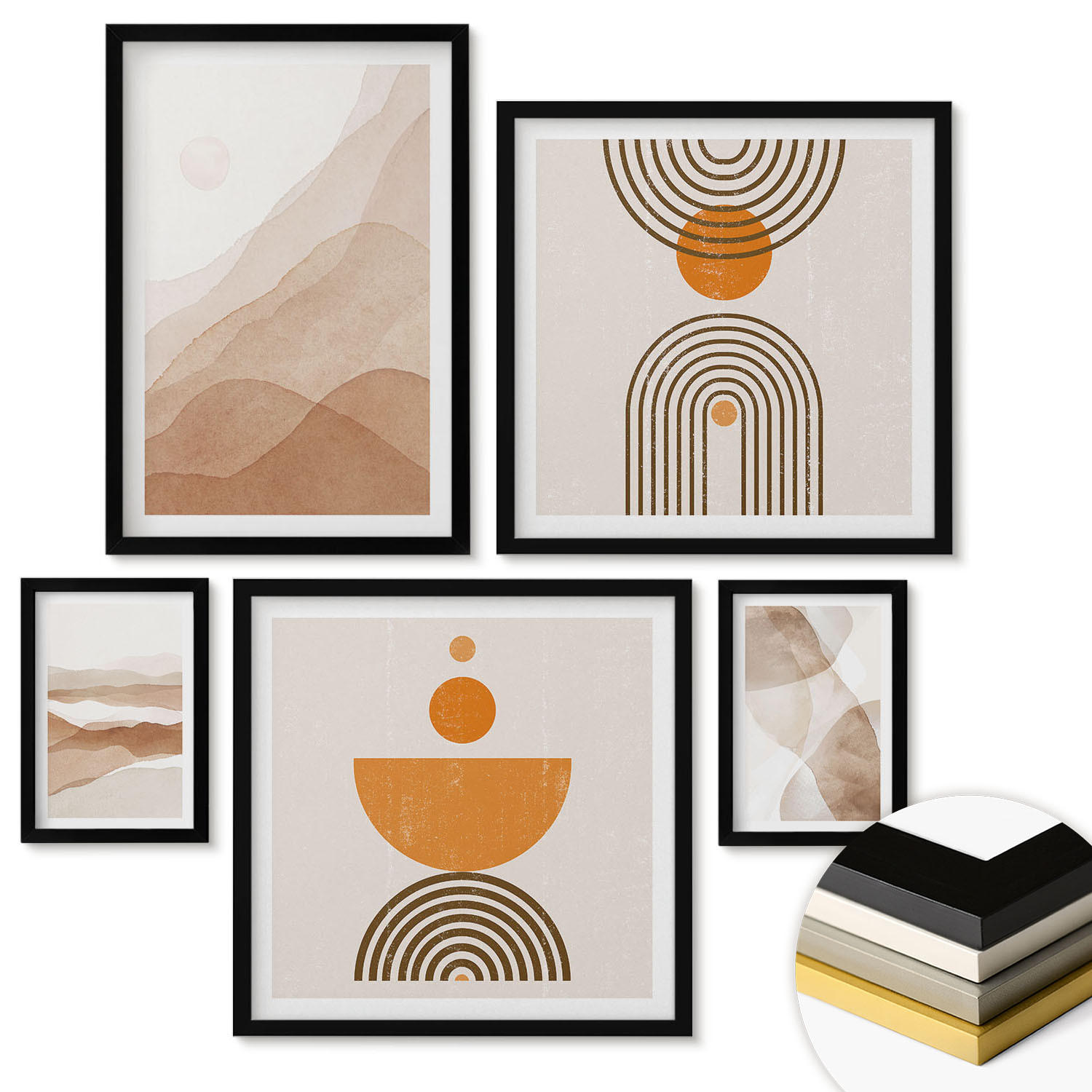 WANDBILDER 5er-Set - 50x50 cm & 20x30 cm & 40x60 cm Schwarzer Rahmen - Strukturen schattieren Minimalismus - Schwarz, Kunststoff (40/60cm) - ArtPrintCave