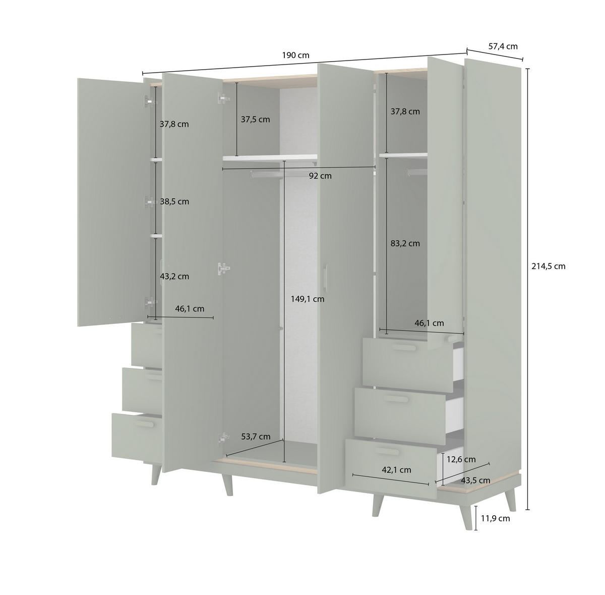 DREHTÜRENSCHRANK ACARA 190/214.5/57,4 cm 4-türig Grün - Grün, Holzwerkstoff (190/214.5/57.4cm) - MASSENO