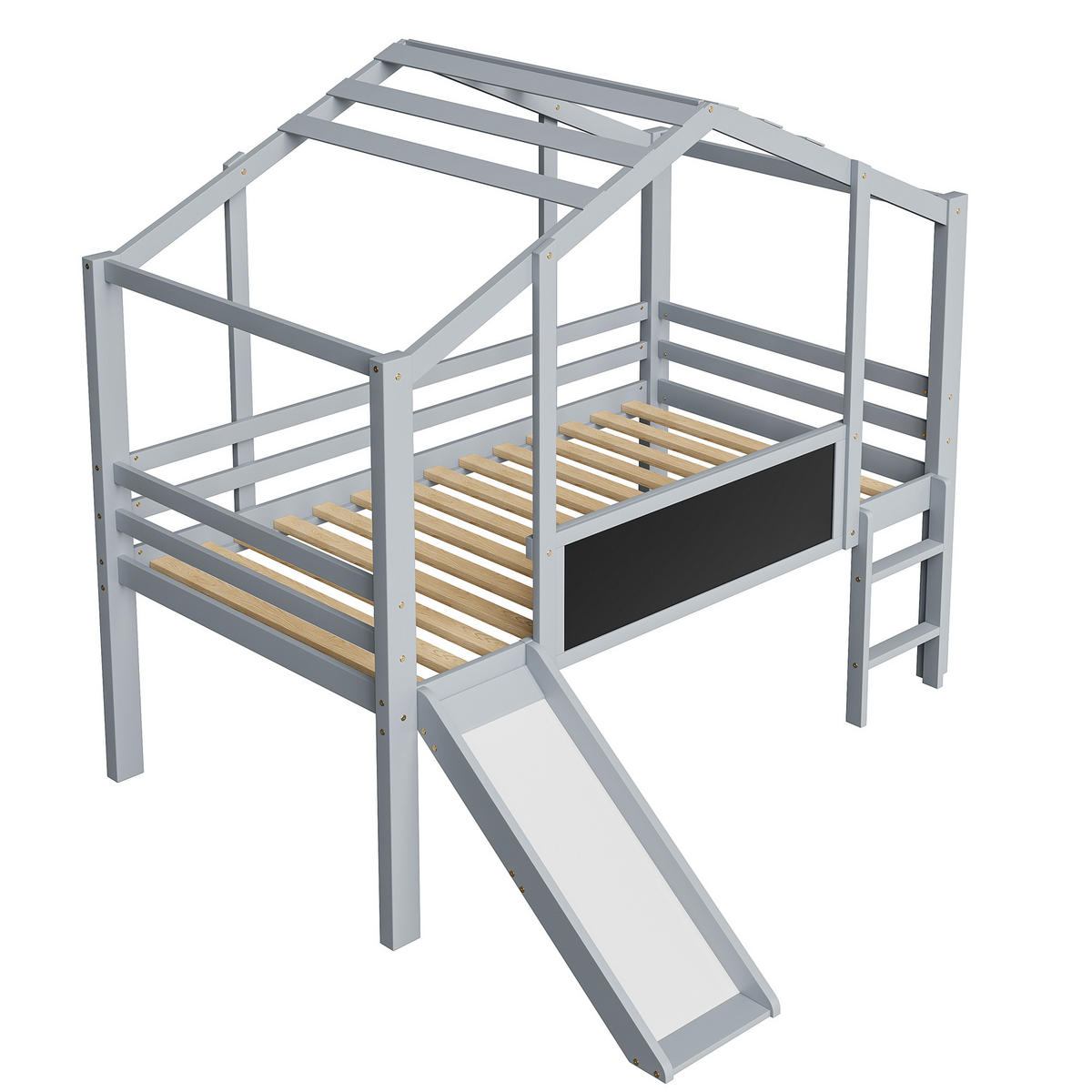 KINDERBETT 90x200 Massivholz Dachdesign Rutsche Leiter Tafel Grau - Grau, Holzwerkstoff - FLIEKS