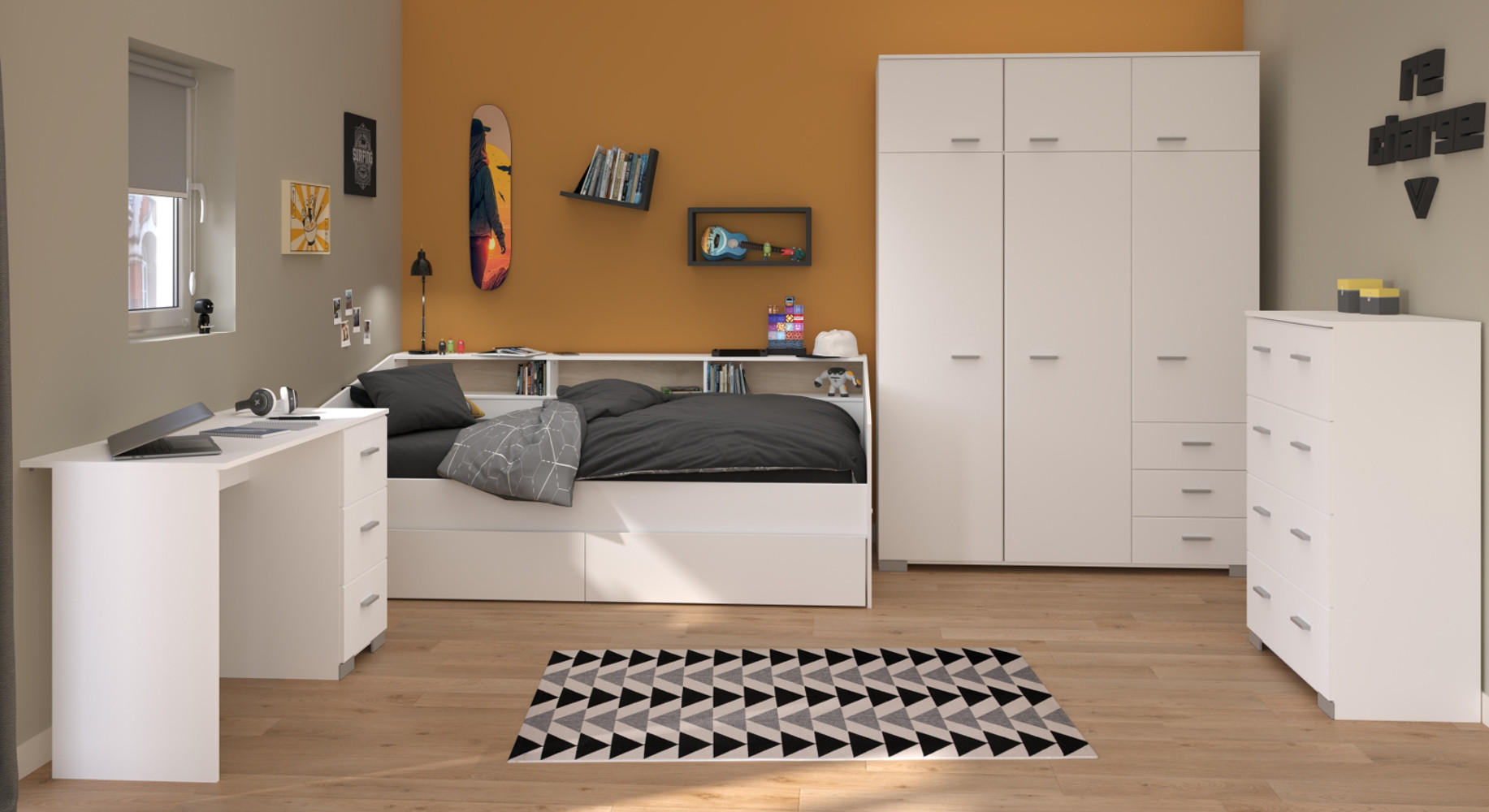 KINDERZIMMER Komplett-Set 4-tlg. weiß mit Stauraumbett 90x200 - Silberfarben/Weiß, Holz/Holzwerkstoff (203/203/113cm) - Parisot Meuble