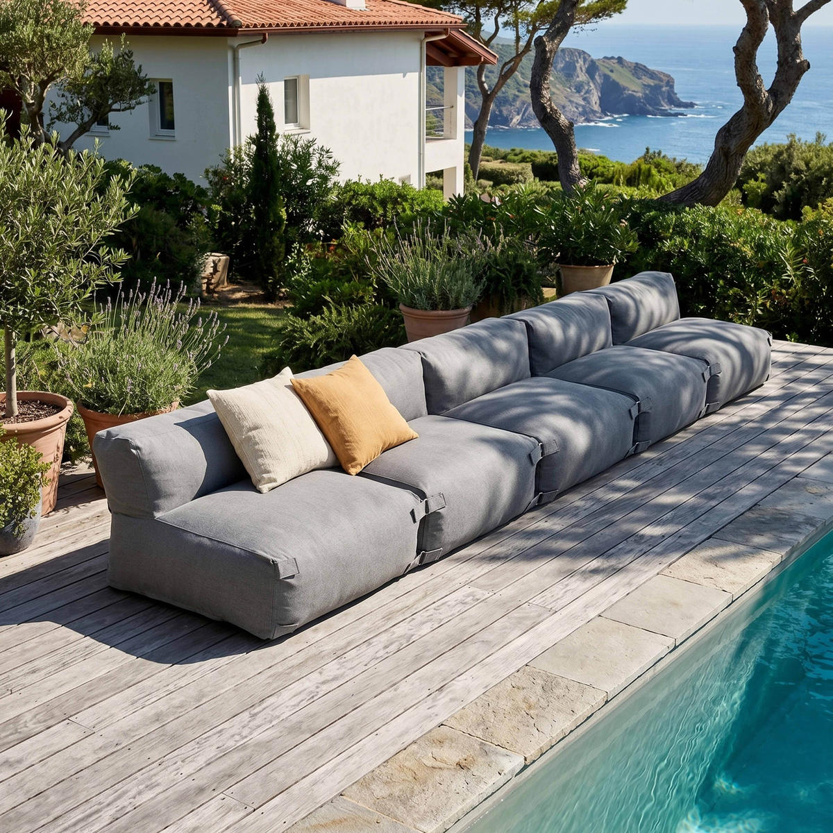 GARTENSOFA mit 5 Sitzplätzen, Grau - Grau, Textil - Oviala