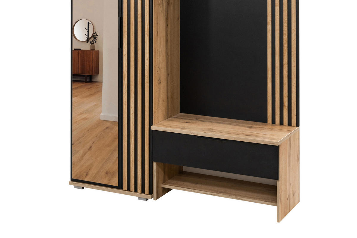 GARDEROBE MILANO 140/200 in Eiche Wotan / Schwarz mit Lamellen - Eichefarben/Schwarz, Holzwerkstoff (140/200/40cm) - Deine Möbel 24