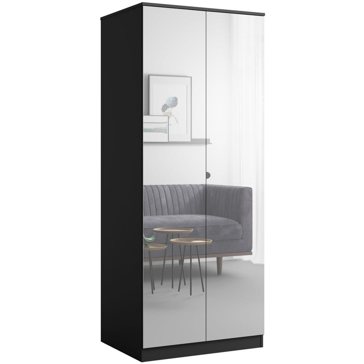 DREHTÜRENSCHRANK mit Spiegel Monza 2D 80 Schwarz - Schwarz/Grau, Holzwerkstoff/Metall (80/200/60cm) - mzm24