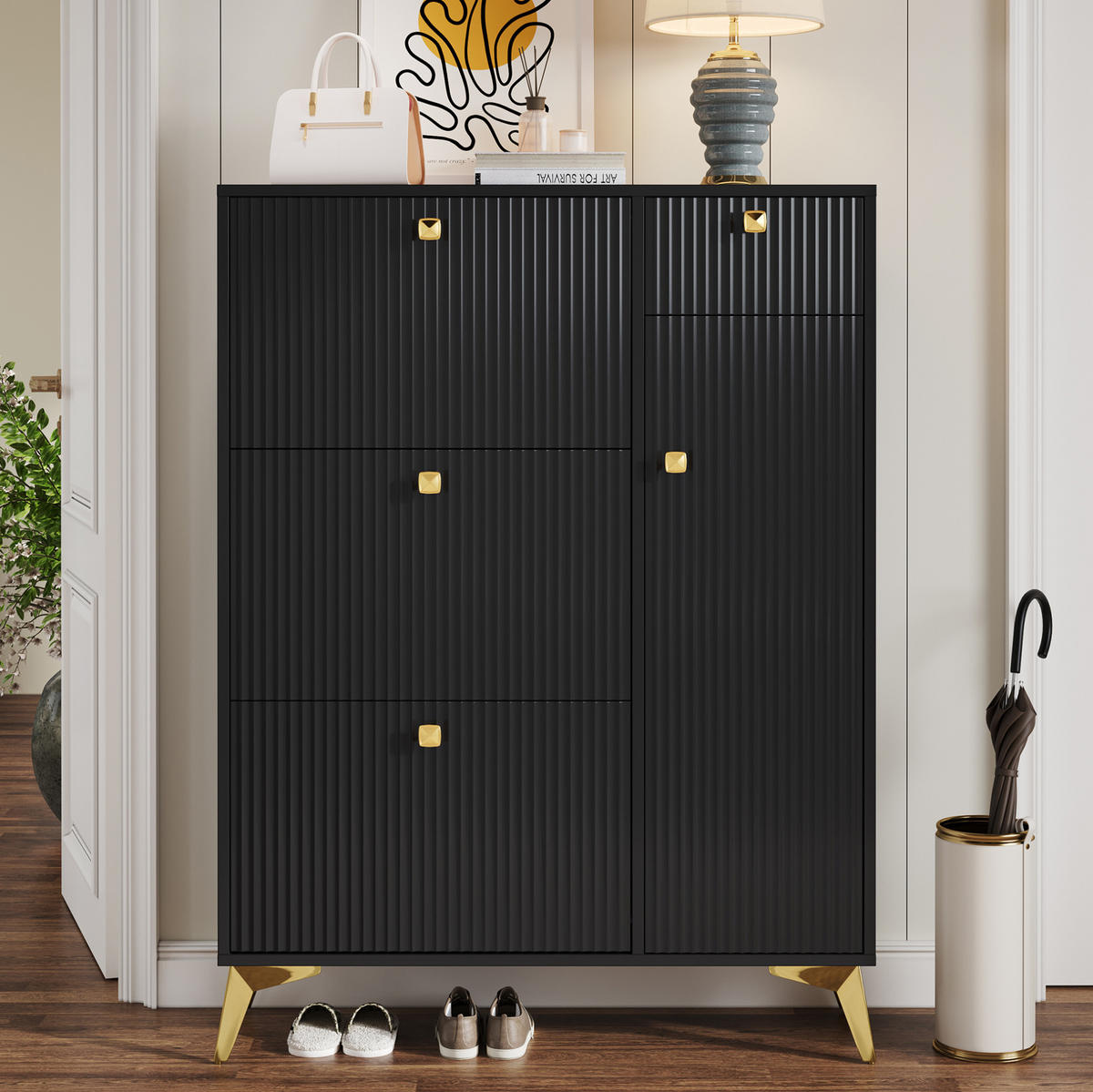 SCHUHSCHRANK aus Spanplatte 90x25x121cm in Schwarz mit Kippsicherung - Schwarz, Holzwerkstoff (90/121/25cm) - Modfu